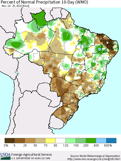 Brazil Percent of Normal Precipitation 10-Day (WMO) Thematic Map For 11/16/2022 - 11/25/2022