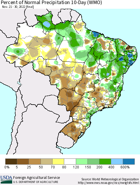 Brazil Percent of Normal Precipitation 10-Day (WMO) Thematic Map For 11/21/2022 - 11/30/2022