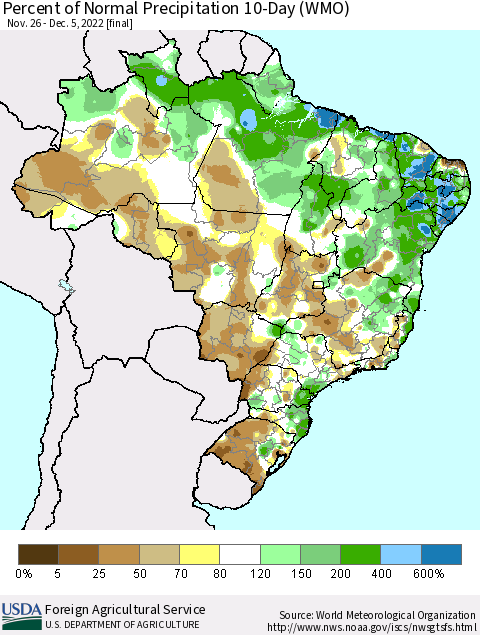 Brazil Percent of Normal Precipitation 10-Day (WMO) Thematic Map For 11/26/2022 - 12/5/2022