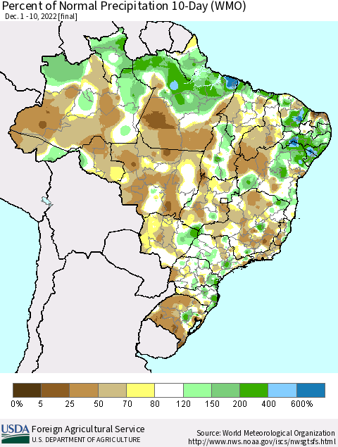 Brazil Percent of Normal Precipitation 10-Day (WMO) Thematic Map For 12/1/2022 - 12/10/2022