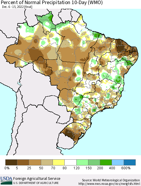 Brazil Percent of Normal Precipitation 10-Day (WMO) Thematic Map For 12/6/2022 - 12/15/2022
