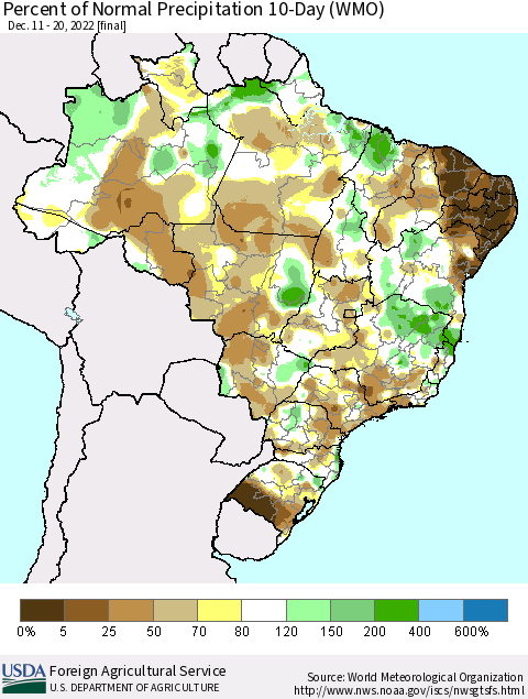 Brazil Percent of Normal Precipitation 10-Day (WMO) Thematic Map For 12/11/2022 - 12/20/2022