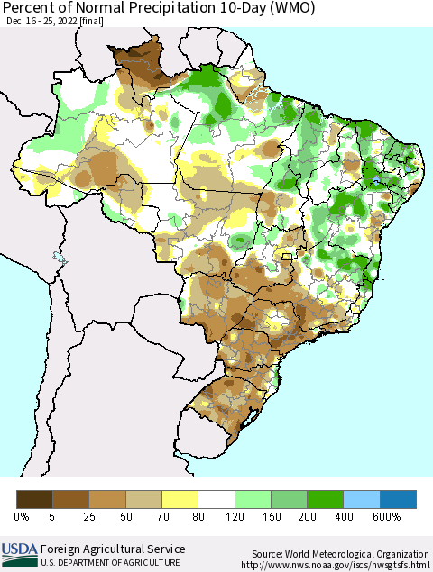 Brazil Percent of Normal Precipitation 10-Day (WMO) Thematic Map For 12/16/2022 - 12/25/2022