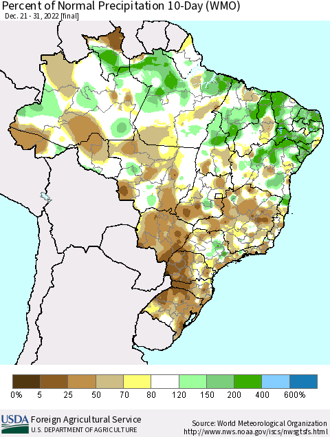Brazil Percent of Normal Precipitation 10-Day (WMO) Thematic Map For 12/21/2022 - 12/31/2022