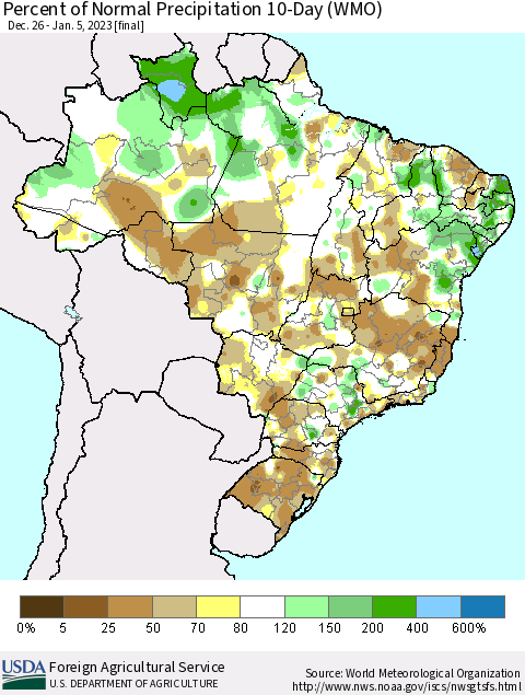 Brazil Percent of Normal Precipitation 10-Day (WMO) Thematic Map For 12/26/2022 - 1/5/2023