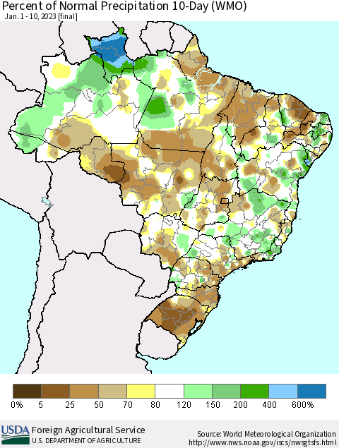 Brazil Percent of Normal Precipitation 10-Day (WMO) Thematic Map For 1/1/2023 - 1/10/2023