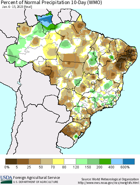 Brazil Percent of Normal Precipitation 10-Day (WMO) Thematic Map For 1/6/2023 - 1/15/2023