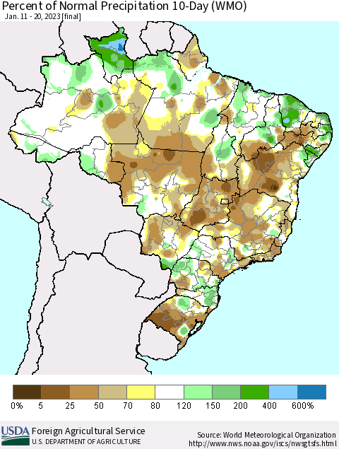 Brazil Percent of Normal Precipitation 10-Day (WMO) Thematic Map For 1/11/2023 - 1/20/2023