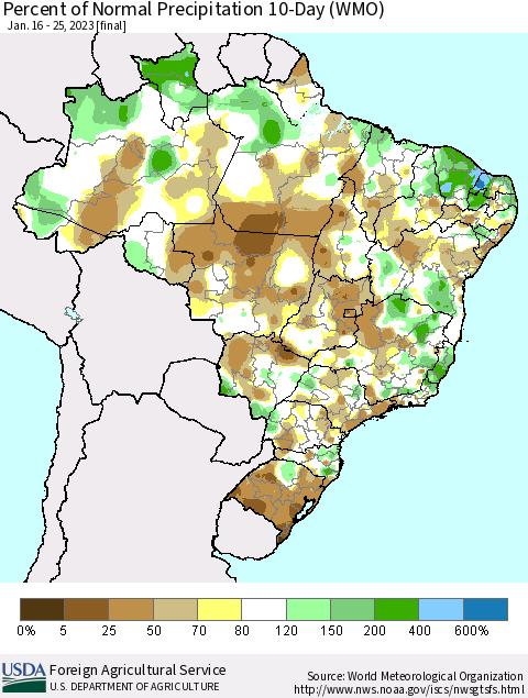 Brazil Percent of Normal Precipitation 10-Day (WMO) Thematic Map For 1/16/2023 - 1/25/2023