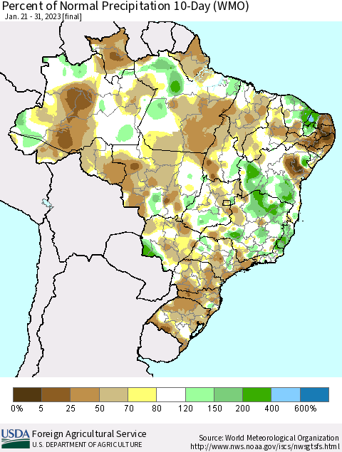 Brazil Percent of Normal Precipitation 10-Day (WMO) Thematic Map For 1/21/2023 - 1/31/2023