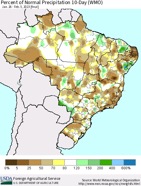 Brazil Percent of Normal Precipitation 10-Day (WMO) Thematic Map For 1/26/2023 - 2/5/2023
