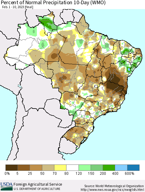 Brazil Percent of Normal Precipitation 10-Day (WMO) Thematic Map For 2/1/2023 - 2/10/2023