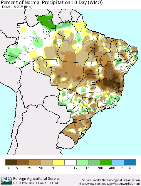Brazil Percent of Normal Precipitation 10-Day (WMO) Thematic Map For 2/6/2023 - 2/15/2023