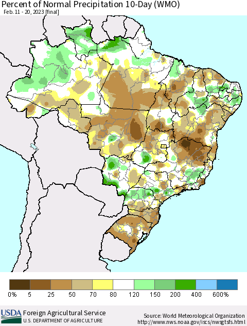Brazil Percent of Normal Precipitation 10-Day (WMO) Thematic Map For 2/11/2023 - 2/20/2023