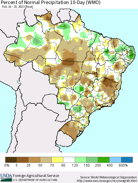 Brazil Percent of Normal Precipitation 10-Day (WMO) Thematic Map For 2/16/2023 - 2/25/2023