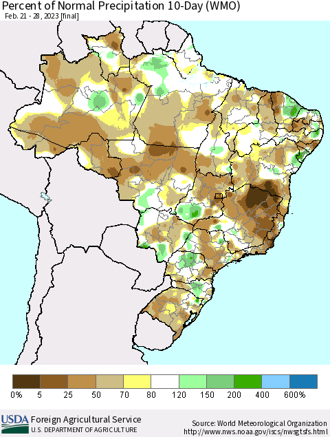 Brazil Percent of Normal Precipitation 10-Day (WMO) Thematic Map For 2/21/2023 - 2/28/2023