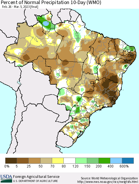 Brazil Percent of Normal Precipitation 10-Day (WMO) Thematic Map For 2/26/2023 - 3/5/2023