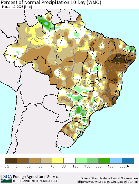 Brazil Percent of Normal Precipitation 10-Day (WMO) Thematic Map For 3/1/2023 - 3/10/2023
