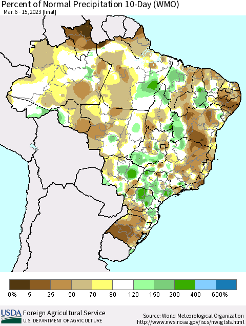 Brazil Percent of Normal Precipitation 10-Day (WMO) Thematic Map For 3/6/2023 - 3/15/2023