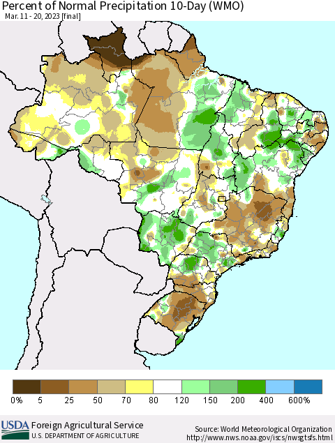 Brazil Percent of Normal Precipitation 10-Day (WMO) Thematic Map For 3/11/2023 - 3/20/2023
