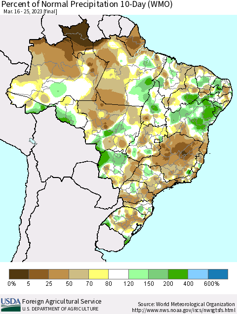 Brazil Percent of Normal Precipitation 10-Day (WMO) Thematic Map For 3/16/2023 - 3/25/2023