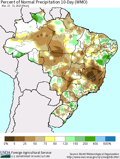 Brazil Percent of Normal Precipitation 10-Day (WMO) Thematic Map For 3/21/2023 - 3/31/2023