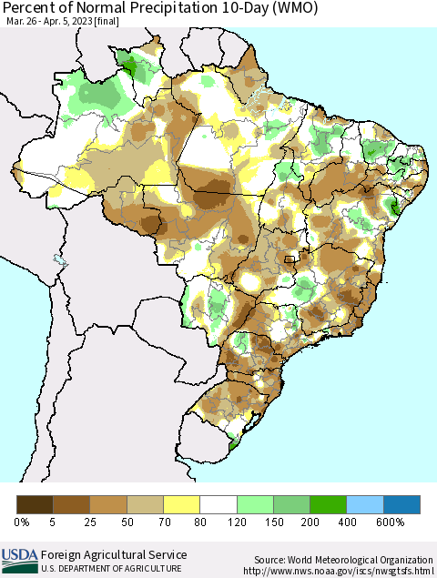 Brazil Percent of Normal Precipitation 10-Day (WMO) Thematic Map For 3/26/2023 - 4/5/2023