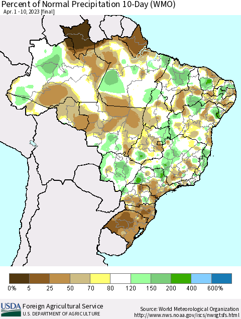 Brazil Percent of Normal Precipitation 10-Day (WMO) Thematic Map For 4/1/2023 - 4/10/2023
