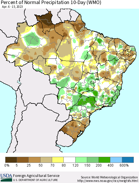 Brazil Percent of Normal Precipitation 10-Day (WMO) Thematic Map For 4/6/2023 - 4/15/2023