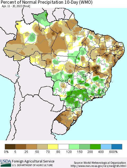 Brazil Percent of Normal Precipitation 10-Day (WMO) Thematic Map For 4/11/2023 - 4/20/2023