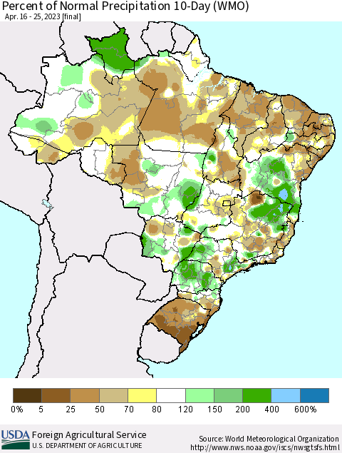 Brazil Percent of Normal Precipitation 10-Day (WMO) Thematic Map For 4/16/2023 - 4/25/2023