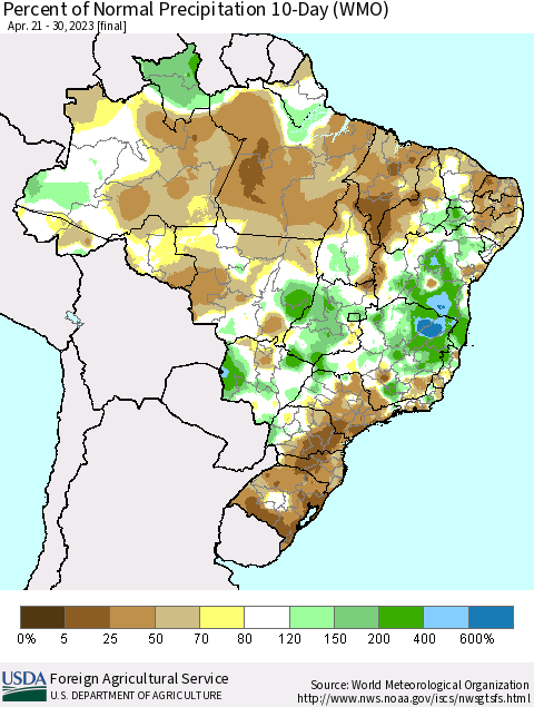 Brazil Percent of Normal Precipitation 10-Day (WMO) Thematic Map For 4/21/2023 - 4/30/2023
