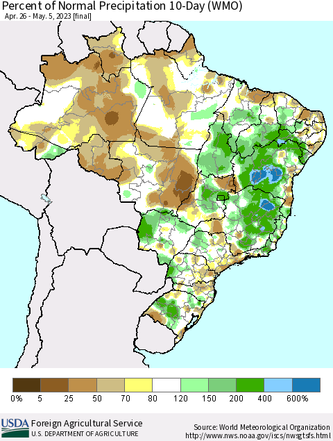 Brazil Percent of Normal Precipitation 10-Day (WMO) Thematic Map For 4/26/2023 - 5/5/2023