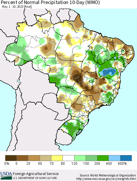 Brazil Percent of Normal Precipitation 10-Day (WMO) Thematic Map For 5/1/2023 - 5/10/2023