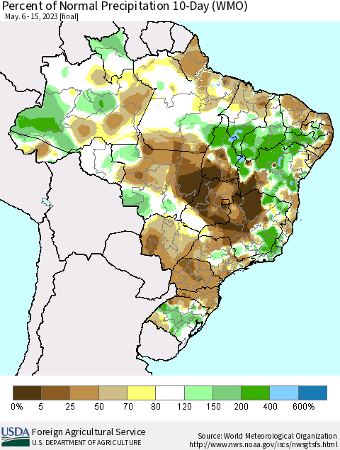 Brazil Percent of Normal Precipitation 10-Day (WMO) Thematic Map For 5/6/2023 - 5/15/2023