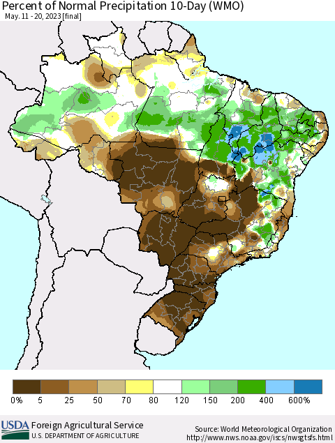 Brazil Percent of Normal Precipitation 10-Day (WMO) Thematic Map For 5/11/2023 - 5/20/2023