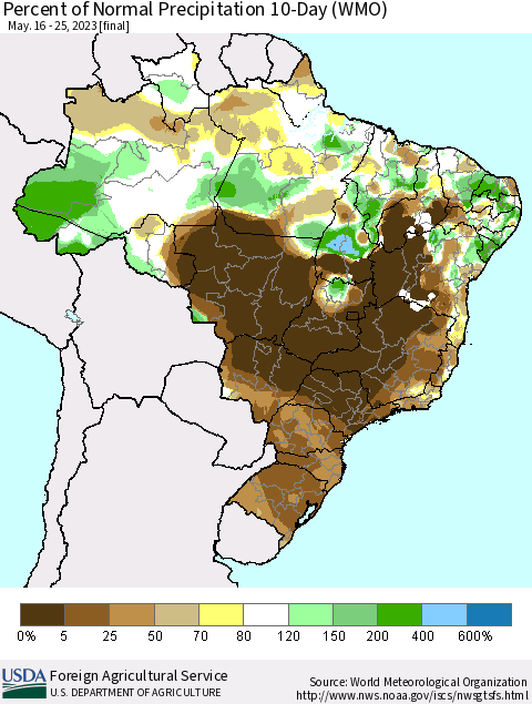 Brazil Percent of Normal Precipitation 10-Day (WMO) Thematic Map For 5/16/2023 - 5/25/2023