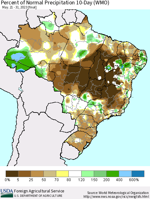 Brazil Percent of Normal Precipitation 10-Day (WMO) Thematic Map For 5/21/2023 - 5/31/2023