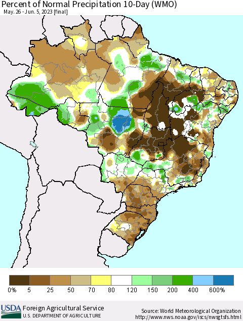 Brazil Percent of Normal Precipitation 10-Day (WMO) Thematic Map For 5/26/2023 - 6/5/2023