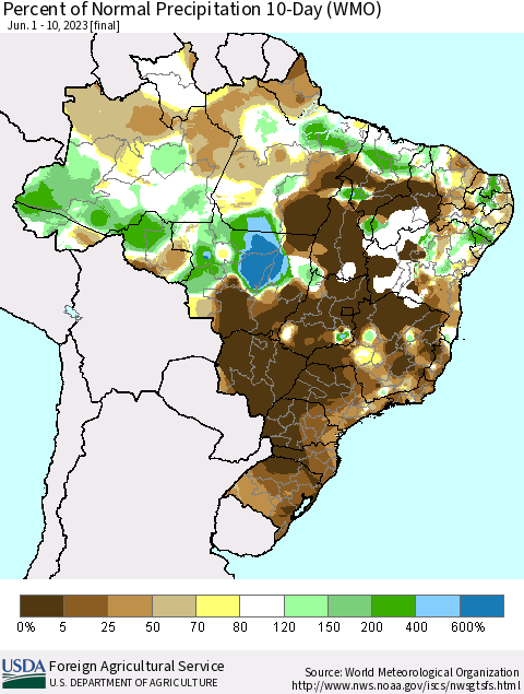 Brazil Percent of Normal Precipitation 10-Day (WMO) Thematic Map For 6/1/2023 - 6/10/2023