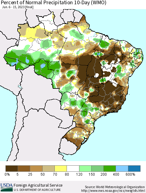 Brazil Percent of Normal Precipitation 10-Day (WMO) Thematic Map For 6/6/2023 - 6/15/2023