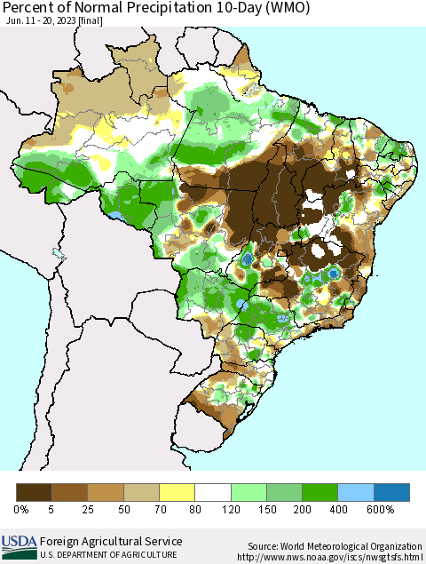 Brazil Percent of Normal Precipitation 10-Day (WMO) Thematic Map For 6/11/2023 - 6/20/2023