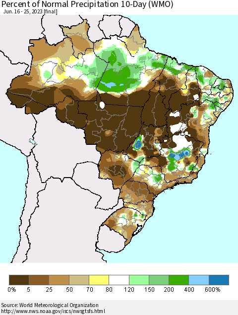 Brazil Percent of Normal Precipitation 10-Day (WMO) Thematic Map For 6/16/2023 - 6/25/2023