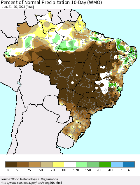Brazil Percent of Normal Precipitation 10-Day (WMO) Thematic Map For 6/21/2023 - 6/30/2023