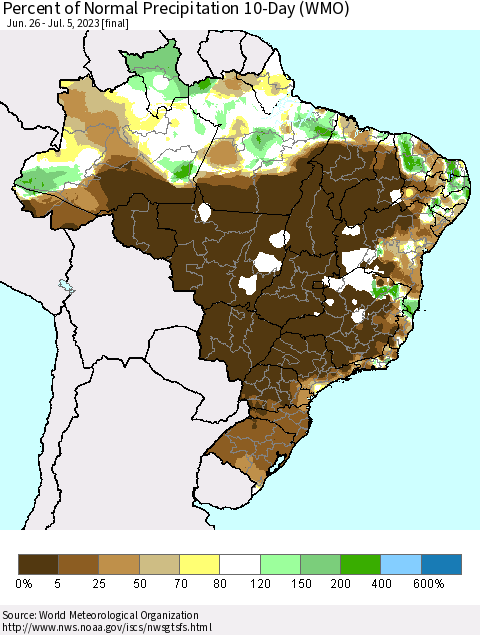 Brazil Percent of Normal Precipitation 10-Day (WMO) Thematic Map For 6/26/2023 - 7/5/2023