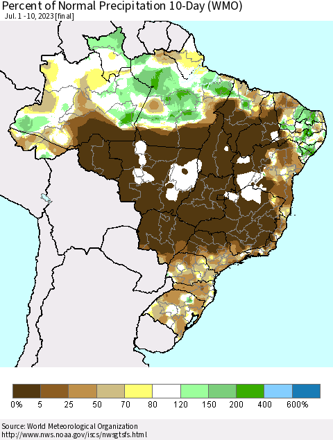 Brazil Percent of Normal Precipitation 10-Day (WMO) Thematic Map For 7/1/2023 - 7/10/2023