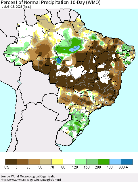 Brazil Percent of Normal Precipitation 10-Day (WMO) Thematic Map For 7/6/2023 - 7/15/2023