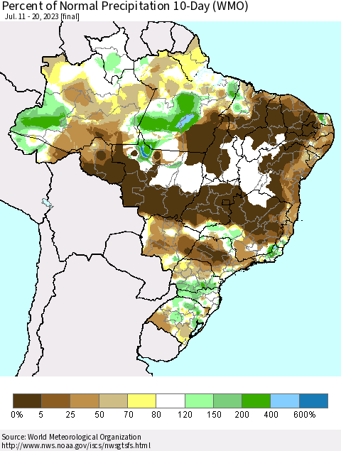 Brazil Percent of Normal Precipitation 10-Day (WMO) Thematic Map For 7/11/2023 - 7/20/2023