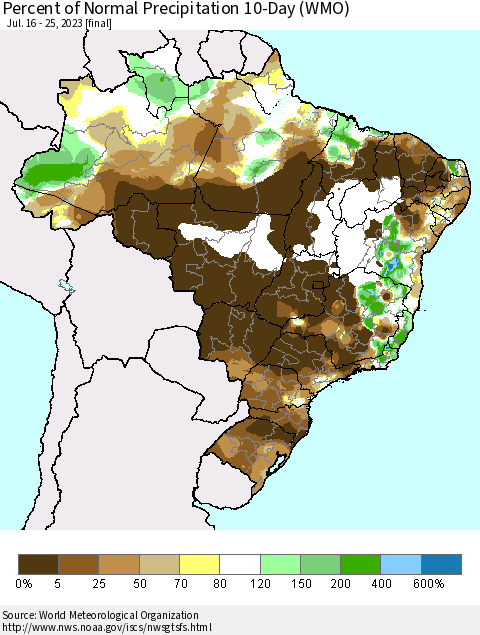 Brazil Percent of Normal Precipitation 10-Day (WMO) Thematic Map For 7/16/2023 - 7/25/2023