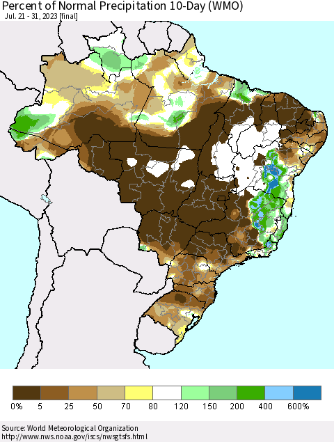 Brazil Percent of Normal Precipitation 10-Day (WMO) Thematic Map For 7/21/2023 - 7/31/2023